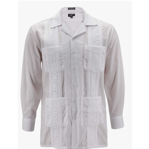 Men's Guayabera Long Sleeve Button Up Cuban Beach Casual Embroidered Dress Shirt, Large