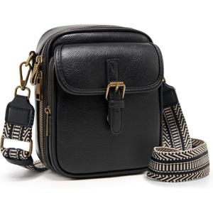Small Messenger Bag Vegan Leather Crossbody Bag for Women Men, Vintage Cross Body Shoulder Purse with Card Slots (Wide Strap-black)