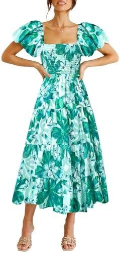Bichingda Women's Smocked Maxi Dress Square Neck Ruffle Hem Puffy Short Sleeve Midi Dress, M