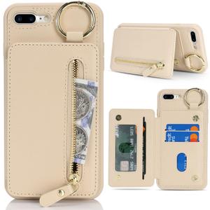 Case for iPhone 8 Plus & iPhone 7 Plus Case Wallet with Card Holder Keychain Ring Stand Leather Shockproof Phone case with Credit Card Slots Zipper Women Men-Beige