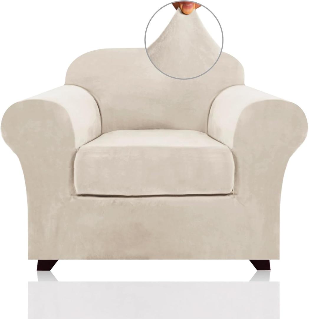 PrinceDeco Velvet Plush Couch Cover Stretch 2 Piece Chair Cover Chair Slipcover Washable Furniture Protector Couch Soft with Elastic Bottom Armchair Cover Width Up to 49 Inch(Small, Ivory)