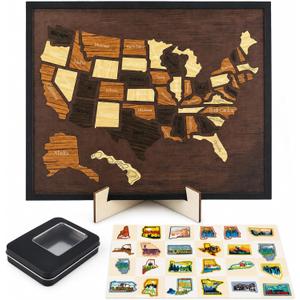 12×10" Wooden USA Travel Map Puzzle for RV Home Art Decor- 50 States Travel Tracker Map with Landmark Stickers, Storage Tin & Display Stand for Families Gift, Educational Geography Board Game