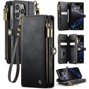 for iPhone 16 Pro Max Case Wallet with RFID Blocking 2-Zipper Pockets & 8-Credit Card Holder Slots & Wrist Strap | Vintage Soft PU Leather Magnetic Snap Flip Protective Phone Cover, Black