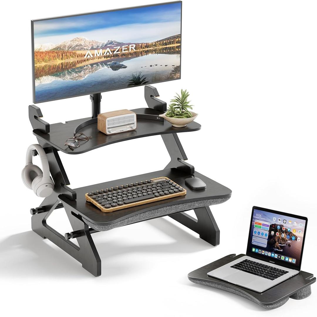 Amazer Standing Desk Converter, 22 inch Bamboo Small Sit Stand Up Desk Riser with Lap Desk Computer Desktop Desk Converter for Monitor and Laptop with Keyboard Tray, Black