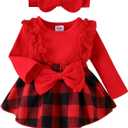 Baby Girl Clothes Fall Winter Outfit Plaid Romper Long Sleeve Dress Lace Ruffles Bodysuit with Bow Headband (9-12 Months, Red)