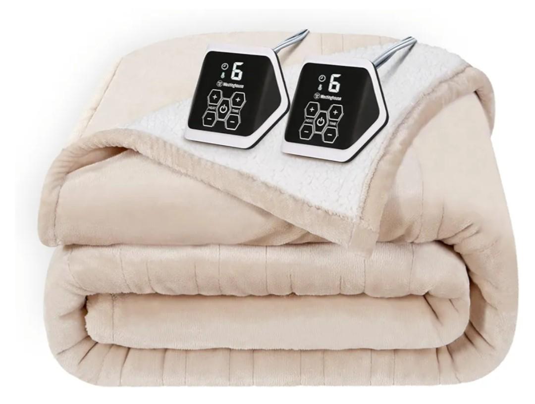 Westinghouse Electric Heated Blanket - Queen Size, Soft Flannel to Sherpa, 10 Heating Levels, 12 Hour Auto Off, Machine Washable, 84x90 Inch, Beige