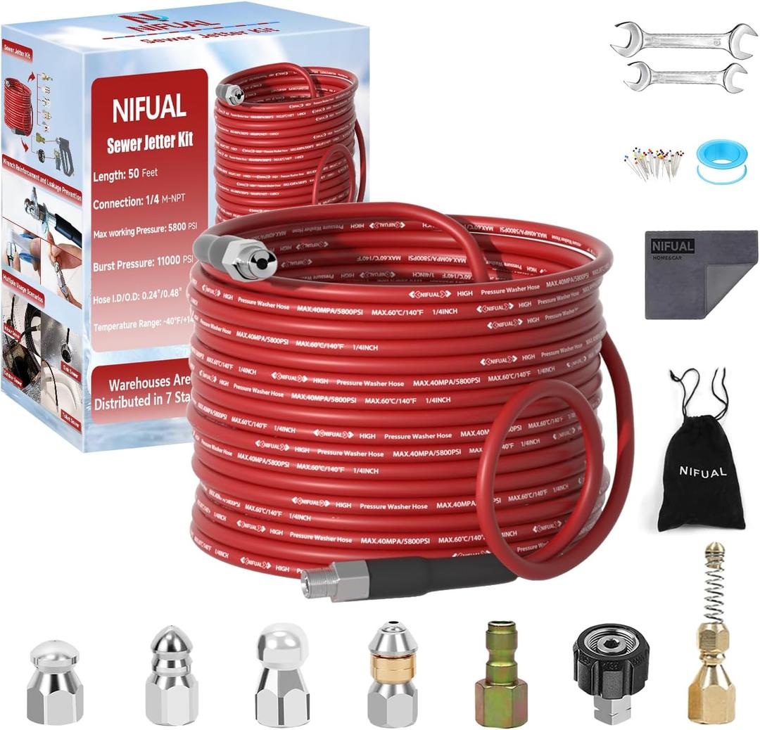 NIFUAL Sewer Jetter Kit for Pressure Washer,50FT 5800PSI Pressure Drain Cleaner 1/4 Inch NPT Corner Rotating and Button Hose Sewer Jetting Nozzle for Homeowners & DIYers (50FT) NIFUAL Sewer Jetter Kit for Pressure Washer,50FT 5800PSI Pressure Drain Cleaner 1/4 Inch NPT Corner Rotating and Button Hose Sewer Jetting Nozzle for Homeowners & DIYers (50FT)