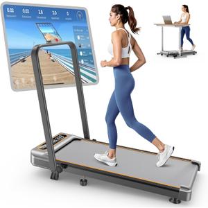 Foldable Treadmill with 10% Incline Upgrade 3.5HP Low Noise Walking Pad Treadmill with Handle Bar 4 in 1 Portable Under Desk Treadmills for Home/Office, 350Lbs Capacity, APP & Remote Control (silver)