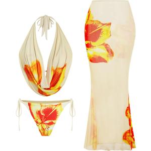 ZAFUL Women's 3 Piece Floral Swimsuit Draped Neck Halter Bikini Tie Side Bathing Suit with Sheer Cover Up Skirt (Beige, L)