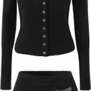 Women's 2 Piece Long Sleeve Knitted Sweaters and Skirt Set Ribbed Knitted Button Cardigan Short Skirt Casual Work Set, L