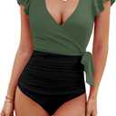 Blooming Jelly Women's Tummy Control Swimsuits Slimming One Piece Bathing Suit Ruffle Wrap V Neck Swimwear (Large, Army Green and Black)