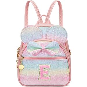 KKXIU Initial Bowknot Mini Backpacks for Girls Women, Small Cute Backpack Purse, Personalized Birthday Gifts for Toddler, Kids and Teen Girls(E, Rainbow)