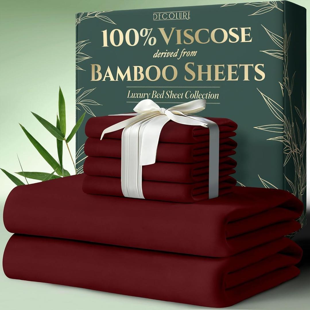 DECOLURE 100% Viscose Derived from Bamboo Sheets Queen Size 6pcs - Ultra Soft & Luxuriously Cooling, 17" Deep Pocket, Double Stitching, Perfect for Hot Sleepers - Queen Bed Sheets (Burgundy)
