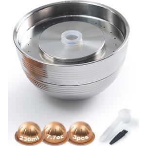 Reusable Coffee Pods Compatible with Nespresso Vertuo Next, Plus&POP,Stainless Steel Refillable Capsule Kit with 3pcs 230ml (7.7oz) Aluminum Shells, Eco-Friendly Coffee Accessory, Scoop & Brush