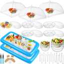 128 Pcs Inflatable Cooler for Parties 2 Inflatable Serving Bars Buffet Cooler for Parties 3 Food Cover 6 Salad Bowl 12 Serving Utensils 5 Plastic Appetizer Tray 100 Labels(Blue)
