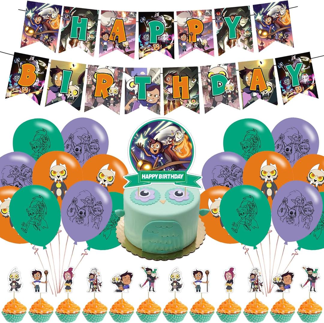 The Owl House Birthday Party Decorations, Owl House Cartoon Theme Party Supplies set with Happy Birthday Banner, Cake Cupcake Toppers, Balloons for Adult Party Favors