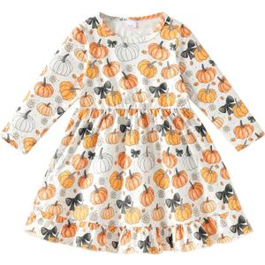 Halloween/Thanksgiving Little Girl Dress Pumpkin Long Sleeve Dresses Fall Outfits 2-9T (White)