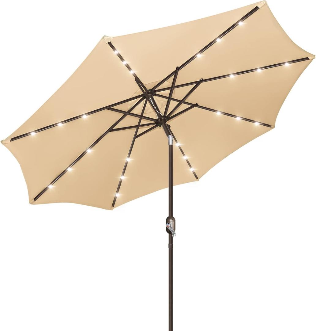 9ft Patio Umbrella with Solar Lights, Outdoor Umbrella with 24 LED Solar Umbrella Lights, Solar Patio Umbrella with Push Botton Tilt & Crank Ideal for Garden, Deck, Backyard & Pool, Brown (Brown)