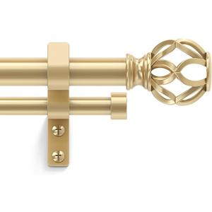 Double Curtain Rod 120 to 170 Inch, Gold Extra Long Dual Curtain Rods with Decorative Aluminium Twisted Cage Finial, 1 Inch Adjustable Heavy Duty Spliced Window Treatment Rods, All Metal