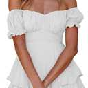 Boho off Shoulder Rompers for Women Dressy Lantern Long Sleeve Ruffle layer Back Tie Mini Shorts Jumpsuit (X-Large, White-short Sleave)