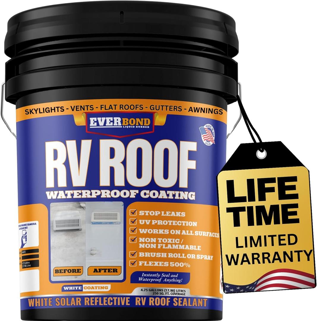 RV Roof Coating - Liquid Rubber RV Roof Sealant for Camper Roofs, Trailers, Motorhomes, and Metal Buildings - Roof Cooling White 4.75 Gallon RV Roof Coating - Liquid Rubber RV Roof Sealant for Camper Roofs, Trailers, Motorhomes, and Metal Buildings - Roof Cooling White 4.75 Gallon