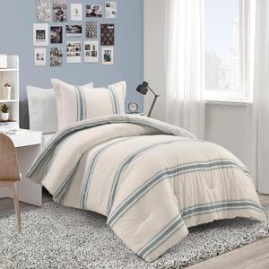 Lush Decor Farmhouse Stripe Reversible Cotton Comforter Set, 2-Piece, Twin XL Blue - Twin Bedding Set - Dorm Decor - Striped Comforter for Farmhouse Bedroom Decor