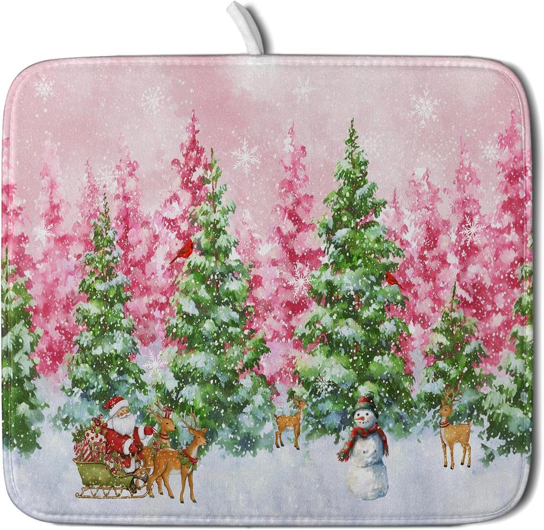 Santa Claus Dish Drying Mats for Kitchen Counter Watercolor Forest Decoration Coffee Mat for Table Decor (18" x 16")