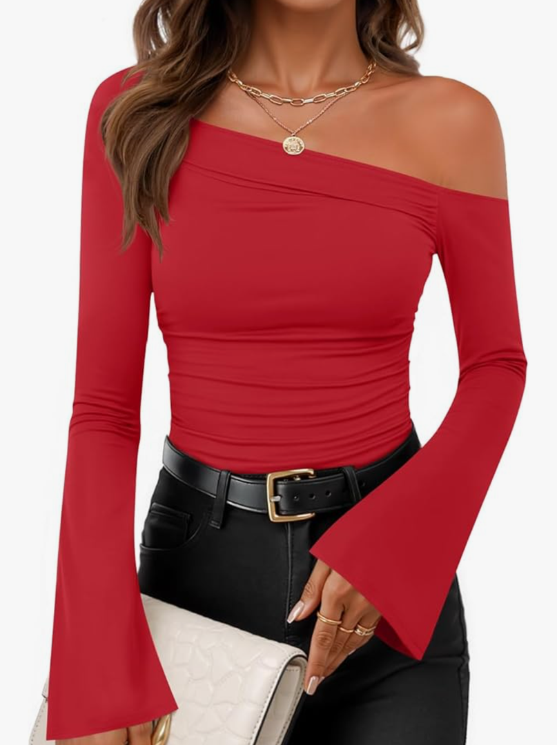 ZESICA Women's Off Shoulder Tops Bell Long Sleeve Shirts 2025 Fall Trendy Going Out Ruched Tight Fitted Y2K Clothes, M, Red