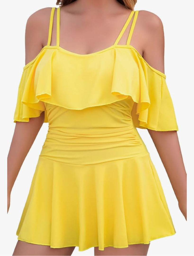 COCOPEAR Women's One Piece Flounce Swimsuit Off Shoulder Bathing Suit Tummy Control Swimdress L Yellow