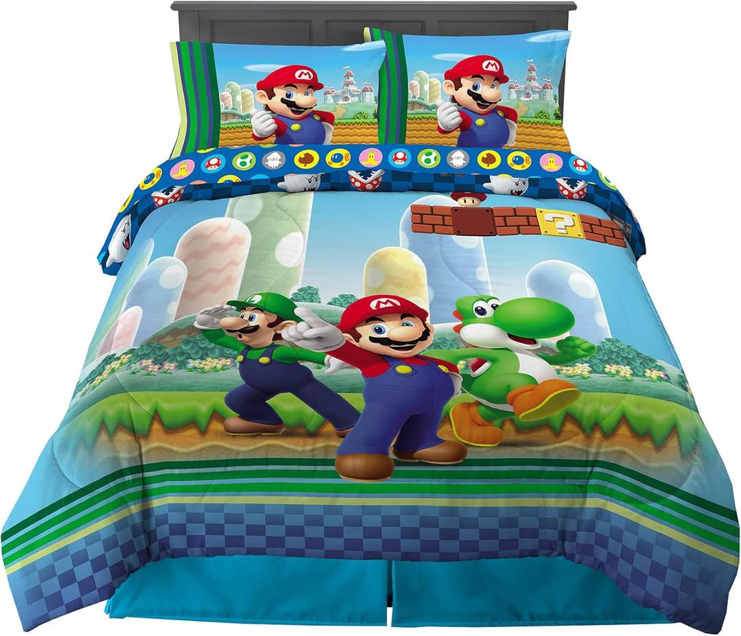 Super Mario Kids Full Size Bedding, 5 Piece Super Soft Cozy Reversible Comforter and Sheet Set, (Officially Licensed Product) By Franco