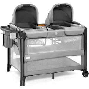 JOYMOR Twin Bassinet for Baby, Bedside Bassinet, Convertible to Bedside Sleeper and Playpen, with Wheel, Brake, Foldable Side Sleeper, Gray (Grey)