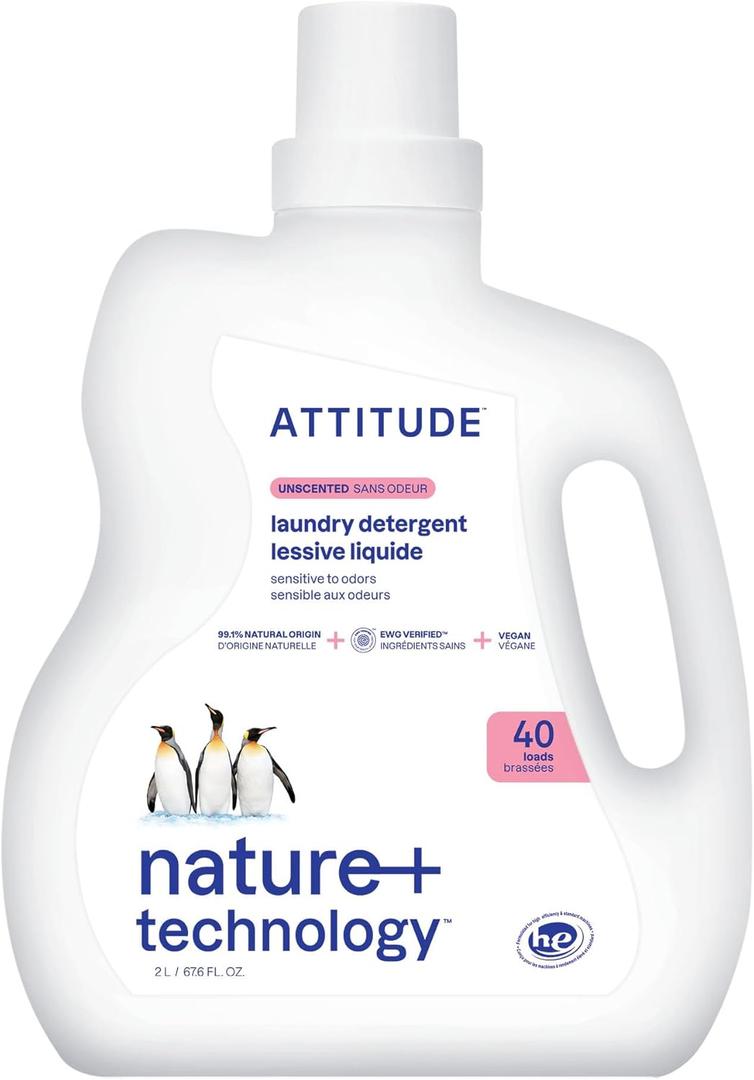 ATTITUDE Liquid Laundry Detergent, EWG Verified Laundry Soap, HE Compatible, Vegan and Plant Based Products, Cruelty-Free, Unscented, 40 Loads, 67.6 Fl Oz (67.6 Fl Oz (Pack of 1))