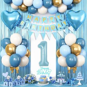 1st Birthday Decorations Blue White Gold,First Birthday Balloons with Happy Birthday Banner Fringe Curtain Heart Foil Balloons for Boys Girls 1 Year Old Birthday Decor