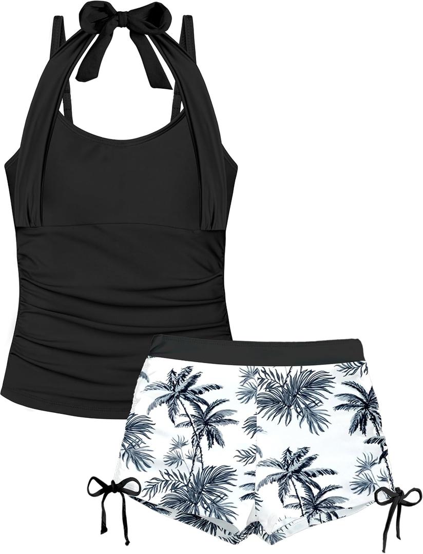 Girls Swimsuit 2 Piece Halterneck Girls Tankini Swimsuit Drawstring Printed Swim Shorts Girl Bathing Suit for 7-16T (17-18 Years, Black)