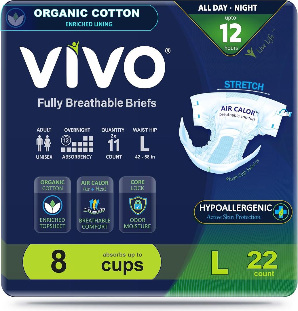 VIVO Organic Cotton Overnight Sensitive Skin Adult Incontinence Diaper Briefs with Tabs, Large 22 Count