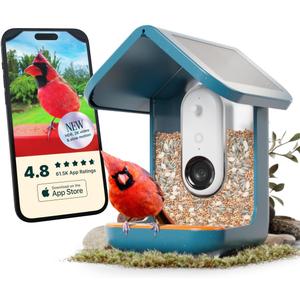 Bird Buddy PRO Solar Smart Bird Feeder with Camera - AI Bird Species Identification, 5MP Photos, 2K HD Video Live Stream Camera, Slow-Motion Video, 2.6in Focus - Blue Solar