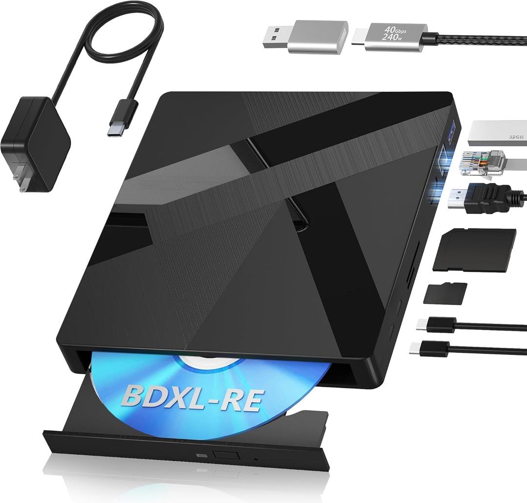 Wbacon External Blu ray Drives, 40Gbps External Bluray Burner with HDMI & LAN, Support 100GB BDXL-RE Disc Reading/Writing, External Blueray/DVD Drive for PC Laptop (Windows Linux MacOS)