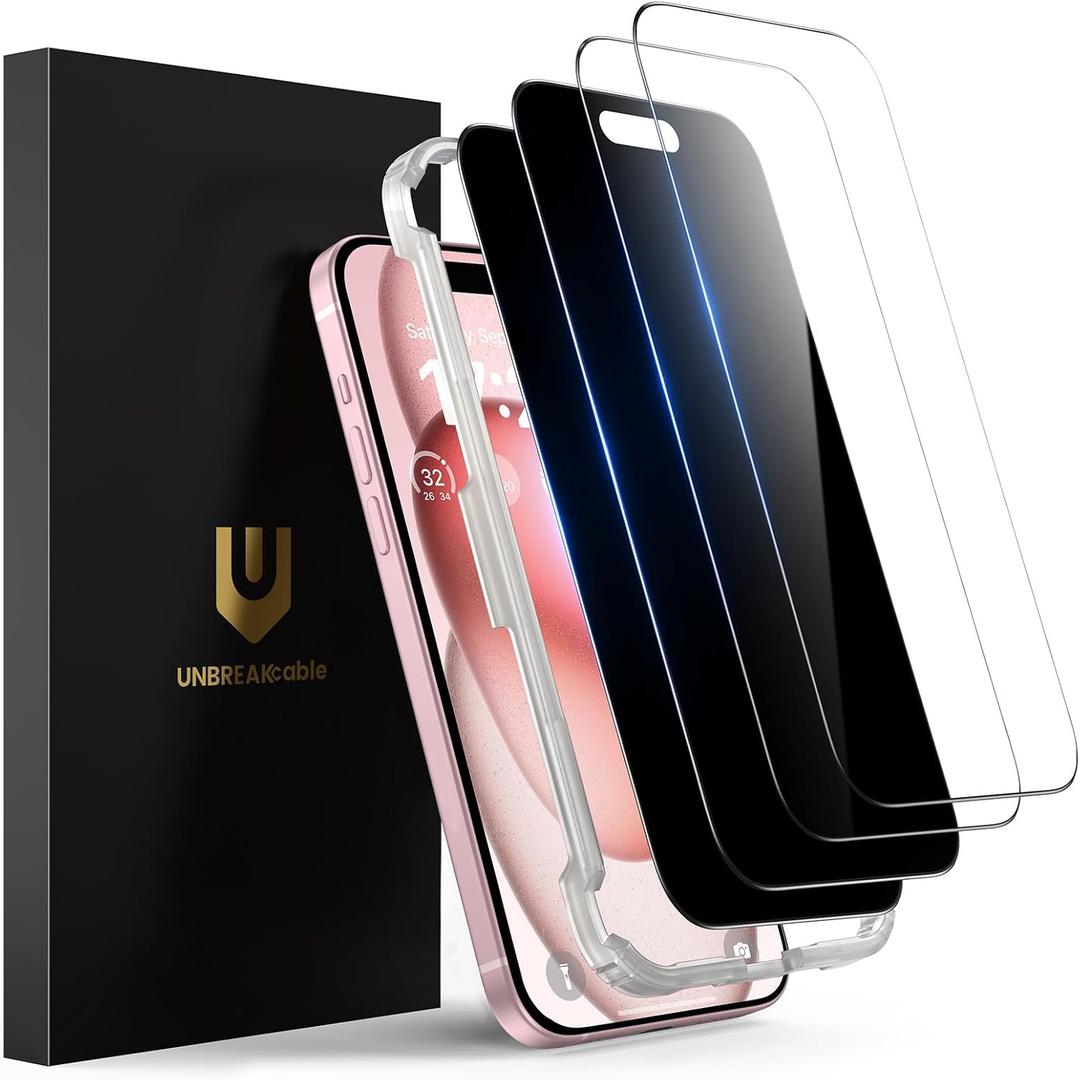 UNBREAKcable 4PCS Screen Protector for iPhone 15 Plus - 2 Privacy Tempered Glass+ 2 Clear Glass Double Shatterproof [Installation Frame] [9H Hardness] [Case Friendly] Anti-Scratch iPhone 6.7 inch