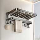 VOLPONE Bathroom Towel Rack with Double Towel Bar Foldable Towel Shelf Wall Mounted Towel Storage with Hooks No Assembly Required 24Inch Matte Grey (23.6in)