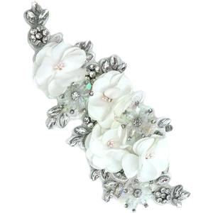 1pc Handmade Rhinestone Applique for Clothes, 3D Flower Fabric Patches for Wedding Dress, Bling Beaded Embroidery Lace Applique for Hat Hairband Sewing Embellishment (White)