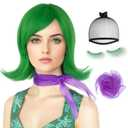 JoneTing 3Pcs Short Green Bob Wigs1 Hair Cap+1 Scarf +1 Pair of False Eyelashes St Patrick's Day Green Flip Wig Greeny Disgusting Cosplay Wig With Bangs for Halloween Party Costume Outfit