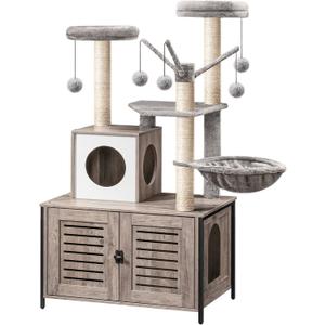 HOOBRO Cat Tree with Litter Box Enclosure, 27.6" L x 18.9" W x 52" H, All-in-One Wooden Cat Tower, Cat Furniture for Indoor Cats, Cat Condo with Hammock, Detachable Teaser Sticks, Greige BG14MZ03