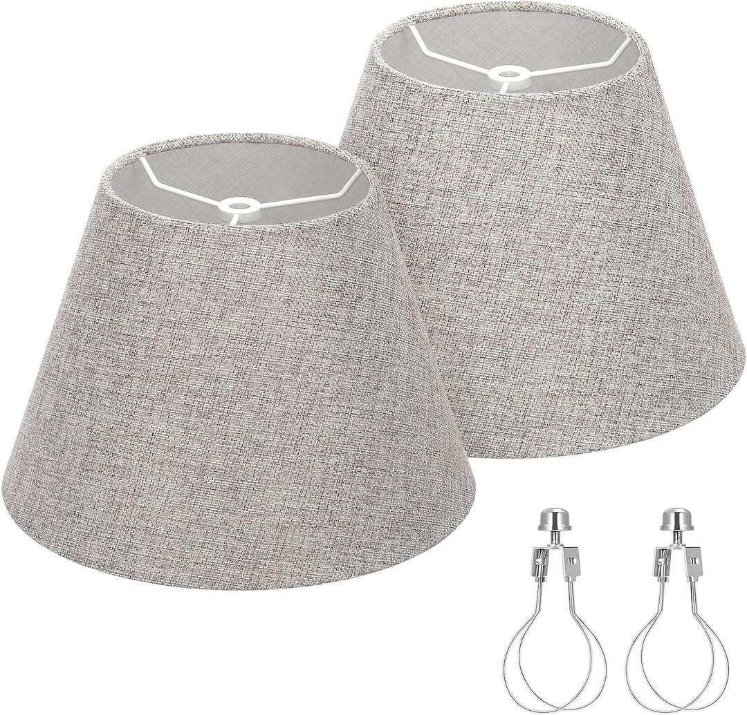 Lamp Shades for Table Lamps, Gray Lamp Shades Set of 2, 5.5" Top x 10" Bottom x 6.6" High, Natural Linen Lamp Shades for Floor Lamps Bedside Lamps, Spider, Bulb Clip Adapters Included