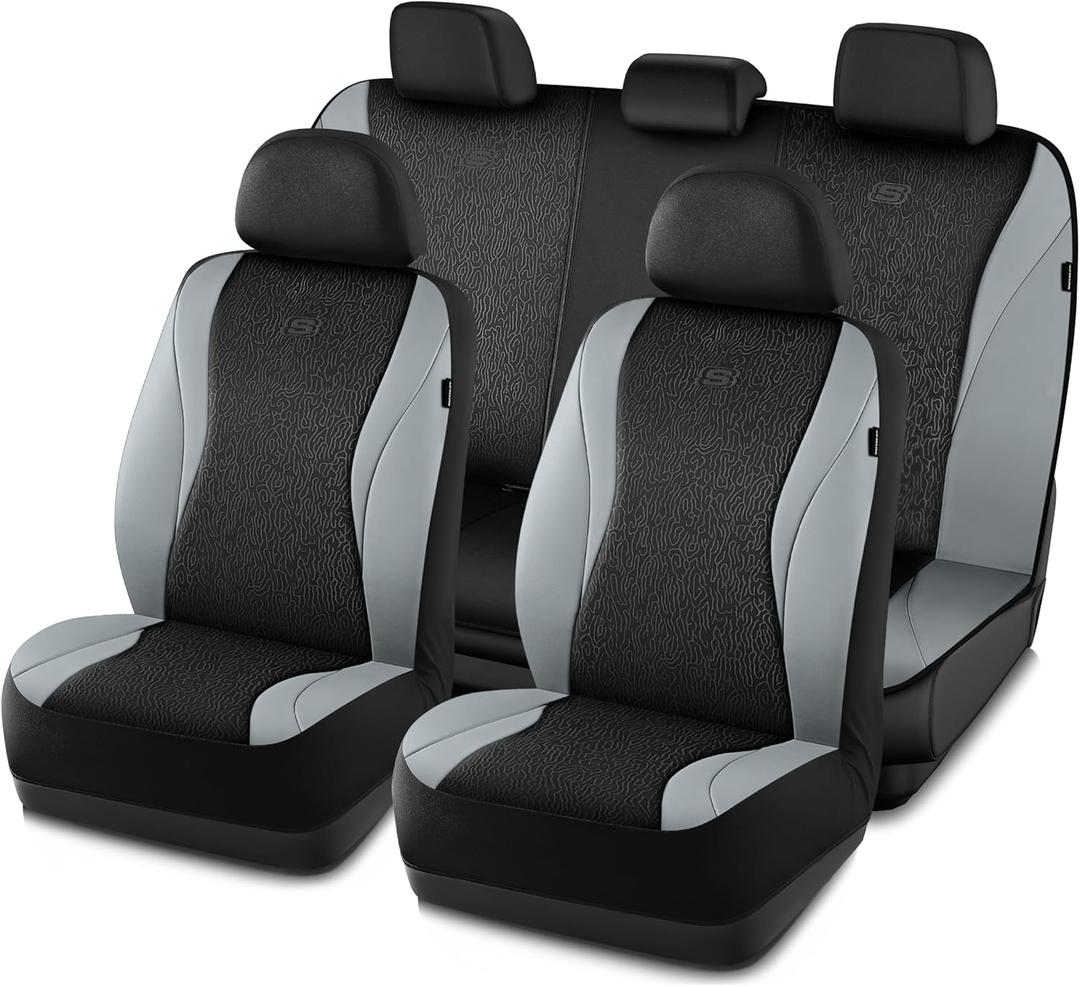 Skechers Car Seat Covers,Leather Seat Covers with GOGA Mat Technology,Waterproof Car Seat Covers Full Sets,Airbag Compatible,Comfort Universal Fit for Most Cars,Vans,Trucks,SUVs,Grey (Black&Gray)