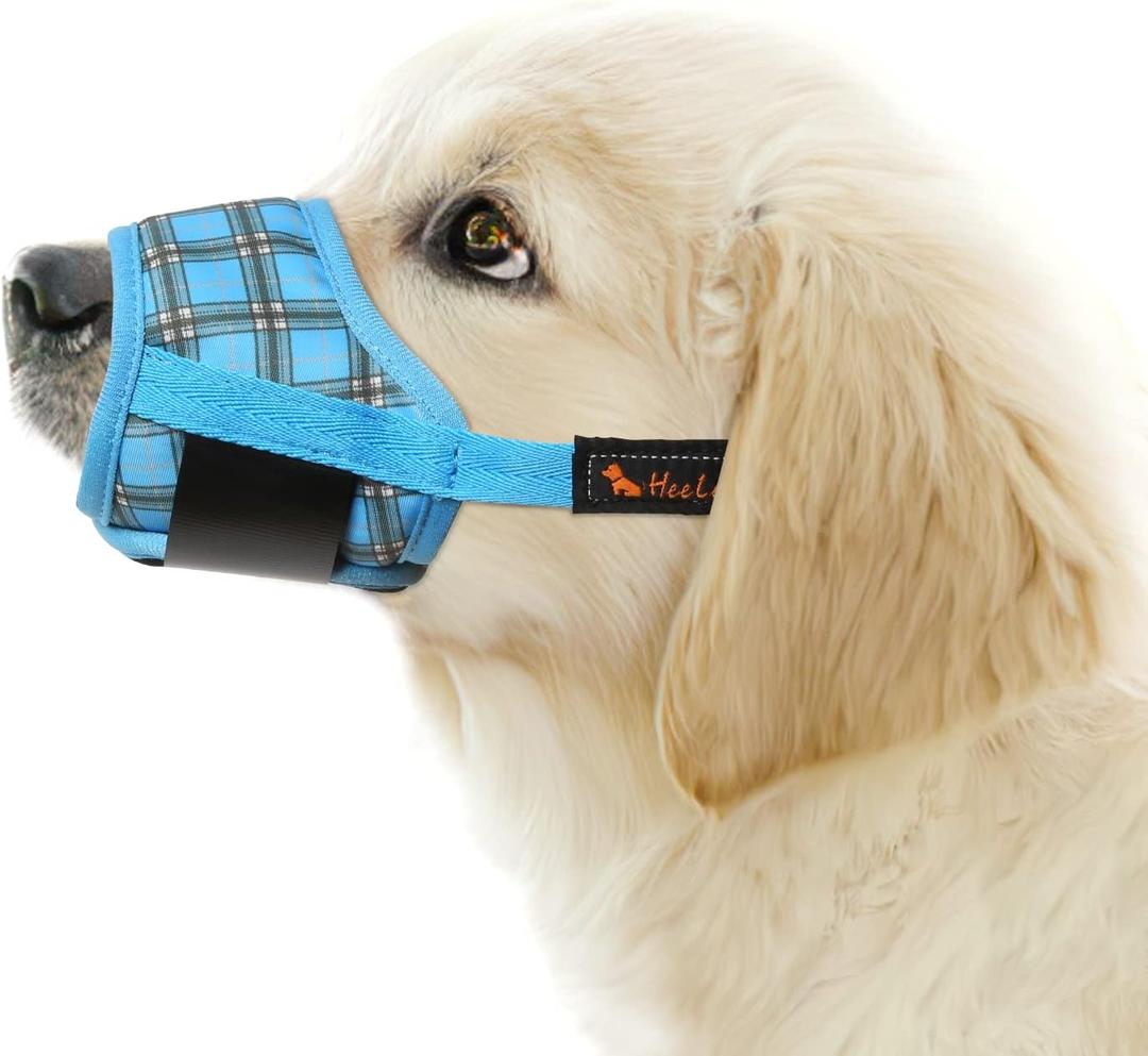 HEELE Dog Muzzle,Soft Nylon Muzzle Anti Biting Barking Chewing,Air Mesh Breathable Drinkable Adjustable Loop Pets Muzzle for Small Medium Large Dogs 4 Colors 4 Sizes (P-Blue Plaid, S)