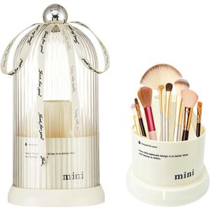 Makeup Brush Holder with Lid, 360 Rotating Multifunction Clear Dustproof Skincare Cosmetic Tools Storage Organizer for Vanity Desktop Bathroom Countertop (White)