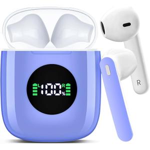 Wireless Earbuds, Bluetooth Headphones with HiFi Stereo Noise Cancelling Mic, USB-C Charging Case, 50H Playtime with LED Display, IPX7 Water Resistant in Earphones for Sports, Travel, Blue