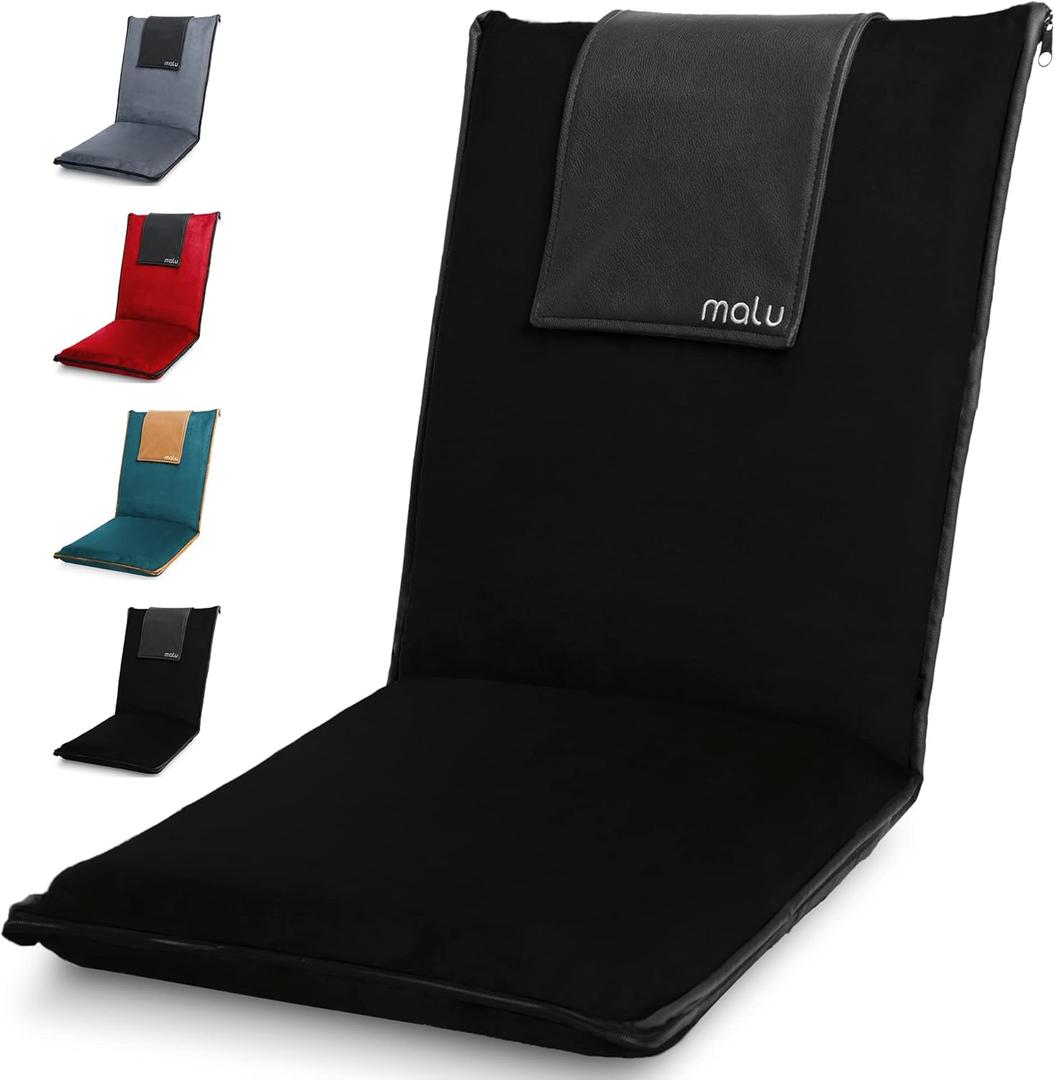 malu Extra Large Padded Floor Chair w/Back Support - Japanese Chair Meditation Cushion, Comfortable Folding Backrest, Removable Easy Wash Cover (Black)