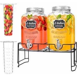 Lifewit 2 Gallon Glass Drink Dispenser with Stand & Fruit Infuser 2 Pcs | Leak-Proof Spigot, Stainless Steel Lid, Large Beverage Container for Juice, Sun Tea Jar, Pitcher for Lemonade & Mimosa bar