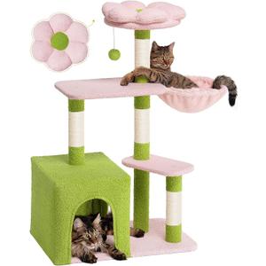 Aechonow Flower Cat Tree for Indoor Cats, 2-Door Large Cat Condo Cave Bed for Big Adult Cats, 41.2'' Cute Cat Tower with Scratching Posts, Cozy Floral Perch and Hammock for Kittens, Green Pink